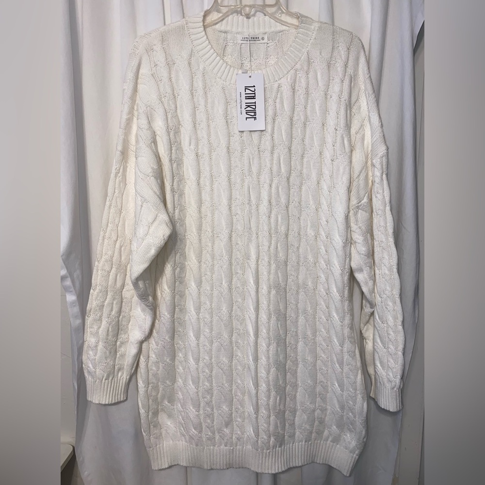 12th Tribe HTF Winter White Cable Knit Sweater Mini Dress/Tunic Sz Large NWT